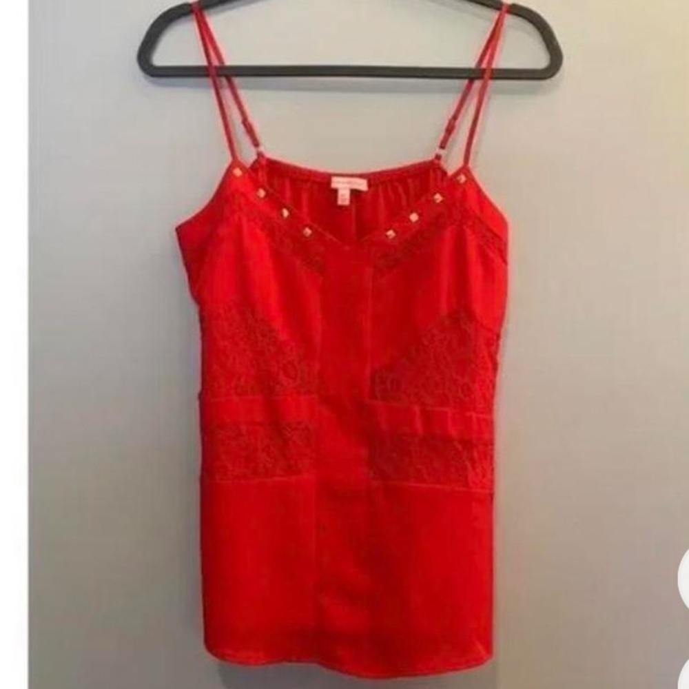 Silky bright red tank top with lace and gold accents